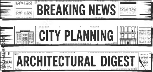 Newspaper headlines breaking news city planning architectural digest with building