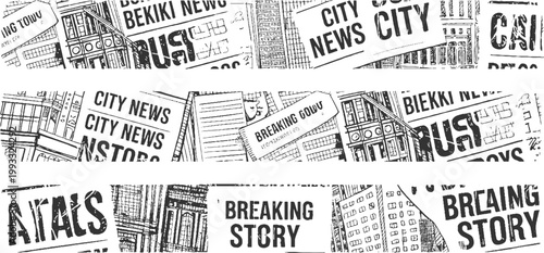 Black and white newspaper headlines and city buildings in a collage style breaking