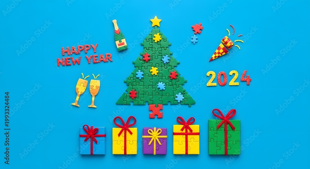 Obraz premium Happy New Year 2024 celebration with Christmas tree and gifts, festive decorations for winter holidays