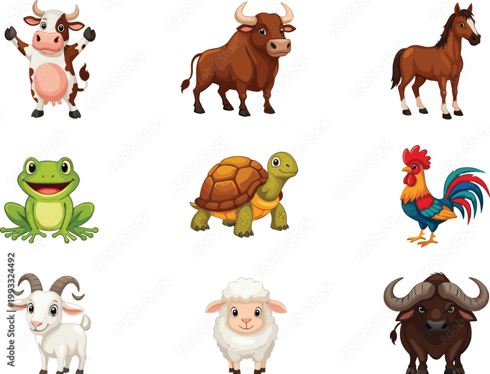 Fototapeta premium Farm Animal Cartoon Collection Featuring Cow Bull Horse Frog Turtle Rooster Goat Sheep and Buffalo Characters for Kids Illustration and Agriculture Design.
