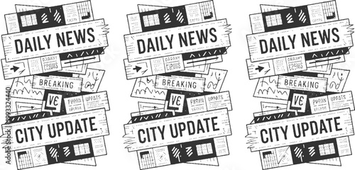 Three overlapping hand drawn newspaper headlines daily news and city update with breaking news alerts