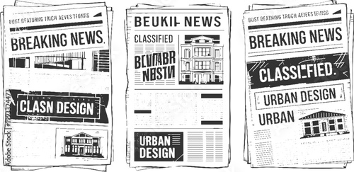 Three black and white newspaper pages with headlines breaking news classified urban and architectural