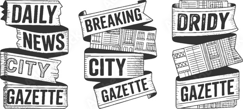 Three vintage newspaper banners with text and building daily
