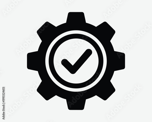 Black gear icon with checkmark symbolizing system approval or successful operation