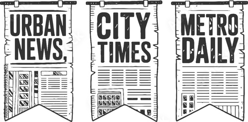 Three hand drawn black and white banners with newspaper headlines urban news city times metro daily and building