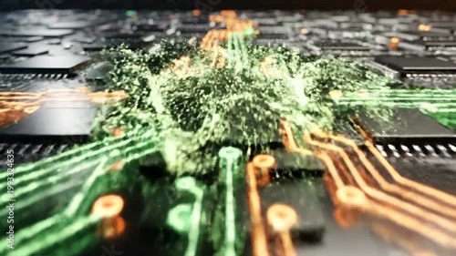 A green and orange circuit board with glowing connections and microchips.