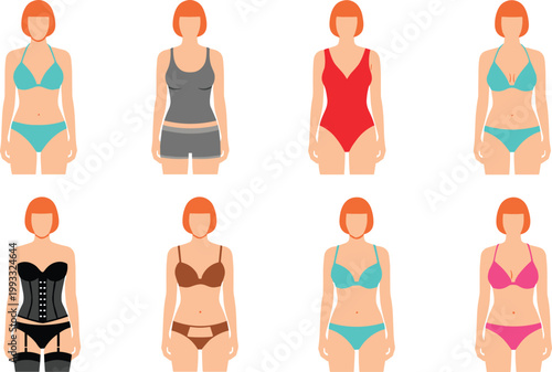 Female Body Outfit Set Featuring Swimwear Lingerie and Casual Clothing Variations on Flat Woman Figure for Fashion Design and Character Illustration.