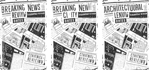 Three black and white newspaper pages with headlines and architectural in a collage style