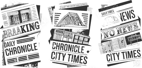 Collage of vintage newspaper clippings featuring headlines and architectural in black and white breaking