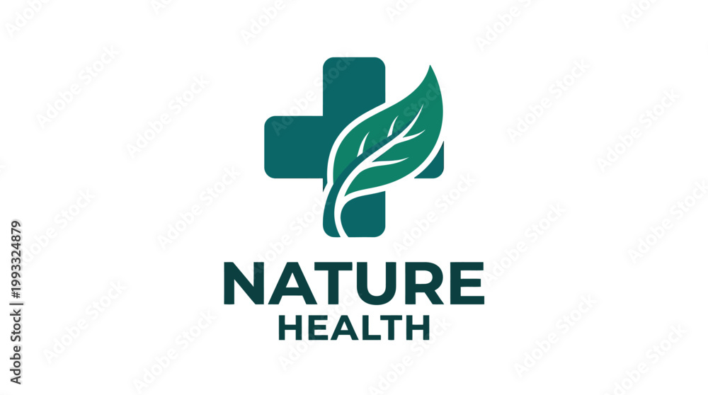 Fototapeta premium Nature Health Logo with Green Leaf and Cross Symbol.