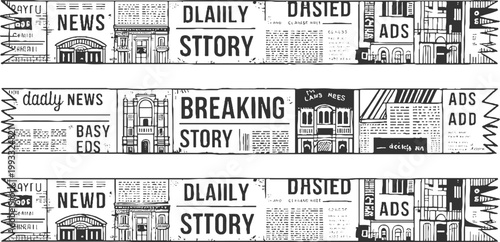 Black and white of a newspaper banner with headlines and buildings story
