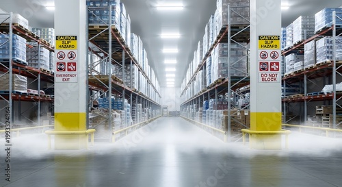 Refrigerated warehouse corridor with strong depth perspective safety signs and frosty air for realistic facility shot