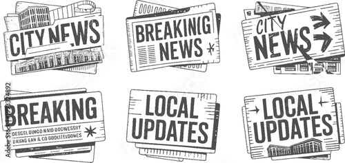 Six newspaper headlines city news breaking news and local updates in a sketchy hand drawn style