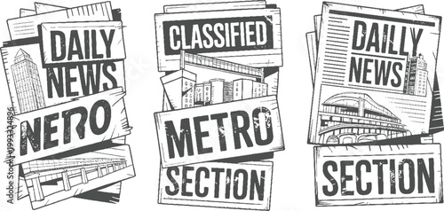 Three newspaper sections daily news metro classified section with cityscapes and bridges