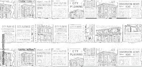 Black and white line collage of vintage buildings and newspaper clippings about city planning and construction news
