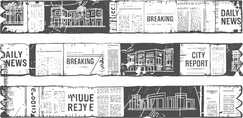 Three horizontal torn paper strips with newspaper headlines and architectural in white on dark grey