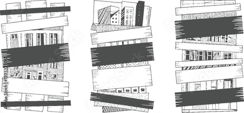 Three vertical panels of hand drawn buildings and wooden planks with dark grey bands architecture urban