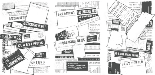 Chaotic collage of vintage newspaper clippings with headlines like breaking news and classifieds