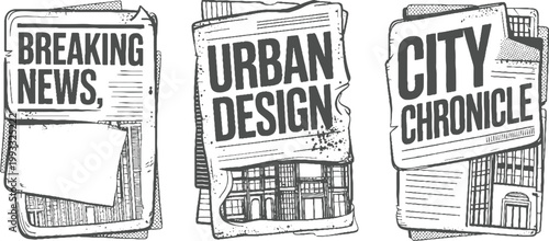 Three newspaper pages with headlines breaking news urban city chronicle in a sketchy black and white style