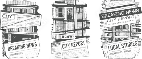 Three newspaper headlines and buildings in a style breaking city