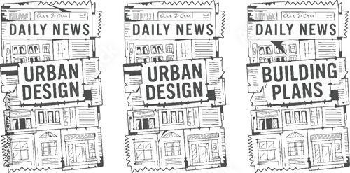 Three black and white newspaper clippings featuring urban and building plans with architectural and headlines