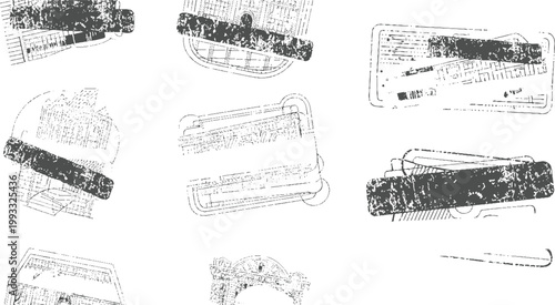 Collection of distressed grunge stamps with architectural building outlines and dark grey textured bands