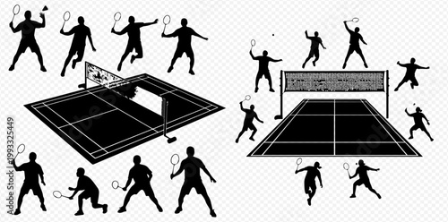 Badminton players silhouettes with court and net, vector illustration of sports activity.