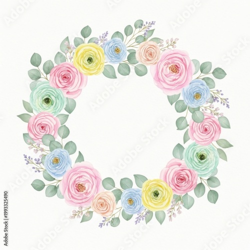 Watercolor floral wreath with pastel roses, ranunculus, and eucalyptus leaves