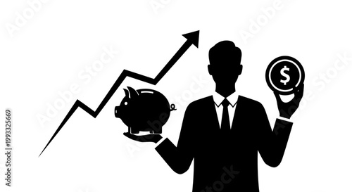 Businessman holding piggy bank and coin with upward trend graph