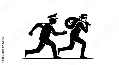 Police officer chasing a thief carrying a money bag