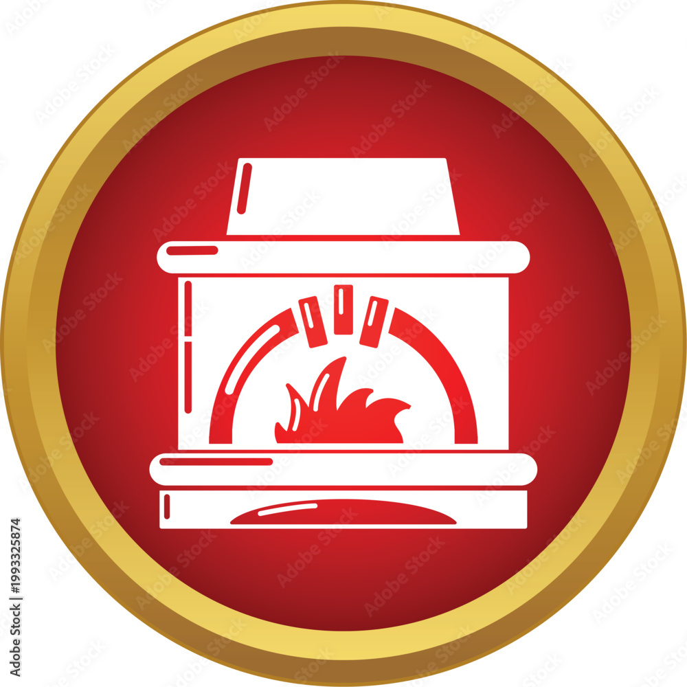 Naklejka premium Fireplace icon showing a burning flame inside a hearth in a red circle