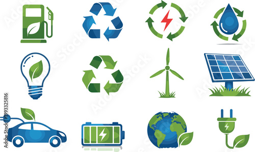 Renewable Energy Eco Technology Vector Icon Set with Solar Panel Wind Turbine Electric Car Battery Recycling Symbol and Earth for Green Environment