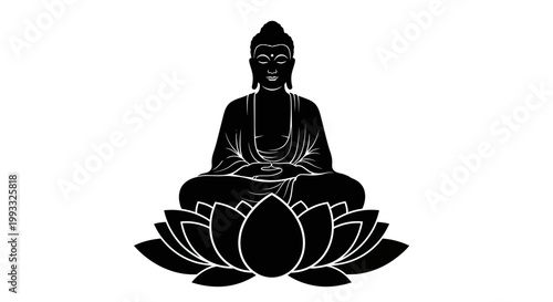 Black silhouette of Buddha meditating on lotus flower