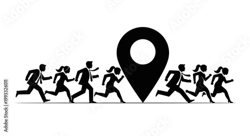 Business people running towards a large black location pin icon
