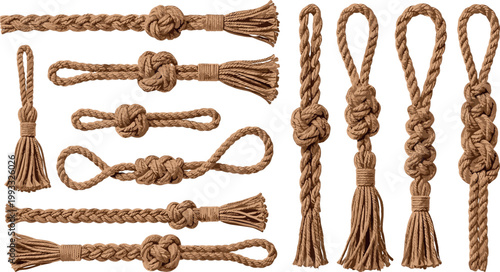 Fotografie Braided Rope Knot Collection with Decorative Tassels and Loops Rustic Nautical T