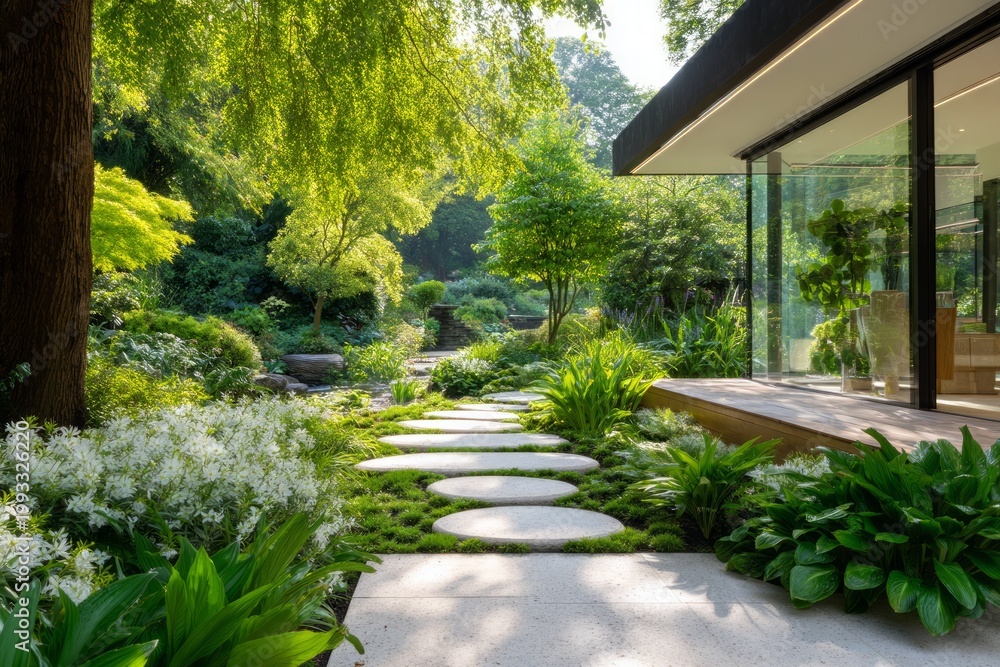 Obraz premium Modern House with Scenic Garden Pathway Leading Towards Serene Natural Surroundings