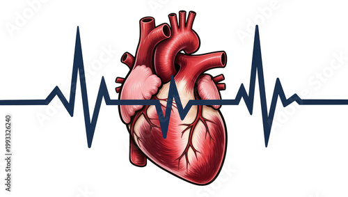 Cuadro en lienzo Detailed Human Heart Anatomy with Blue Cardiac Pulse Wave Graphic
