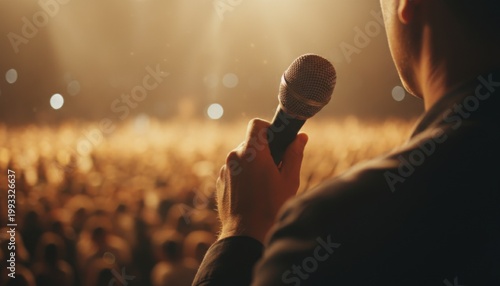 View from behind speaker holding microphone on stage looking out at large blurred audience in warm concert lighting