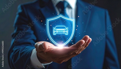 Man in suit holds glowing shield with car inside, symbolizing vehicle protection concept