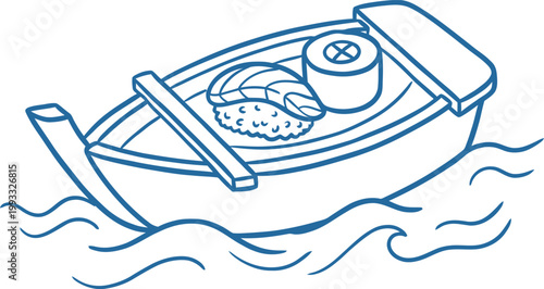 Doodle sushi boat icon floating waves food character sketch playful blue line vector illustration clean white background design