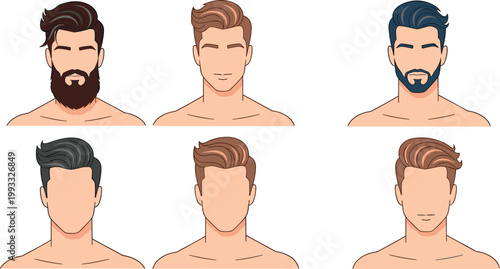Men Hairstyle and Beard Avatar Vector Collection with Modern Trendy Haircuts Facial Hair for Barber Shop Profile Icon and Male Grooming