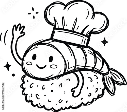 Doodle sushi chef icon waving character food mascot sketch playful black line vector illustration clean white background design