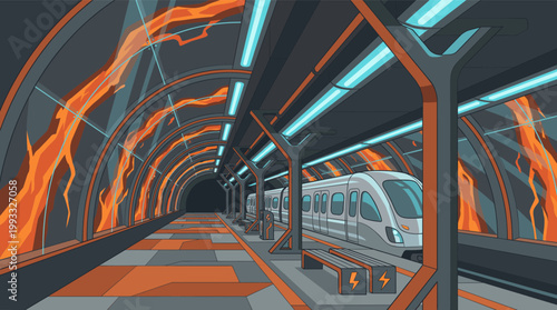 Detailed vector illustration of a modern subway station with a sleek train, vibrant neon lights, and abstract orange glowing elements. Perfect for technology, urban, and futuristic concepts.