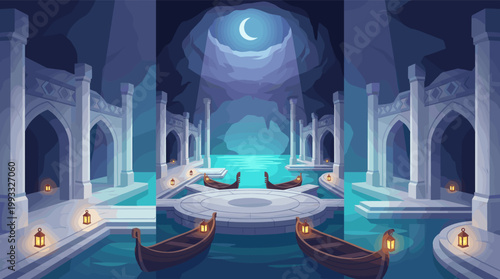 Enchanting fantasy grotto illustration under a moonlit sky, featuring ancient temple architecture, calm water, traditional boats, and glowing lanterns. Perfect for magical themes.