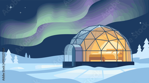 Vector illustration of a modern glass igloo with a warm interior, set against a stunning aurora borealis in a cold, tranquil winter night scene. Perfect for travel blogs.