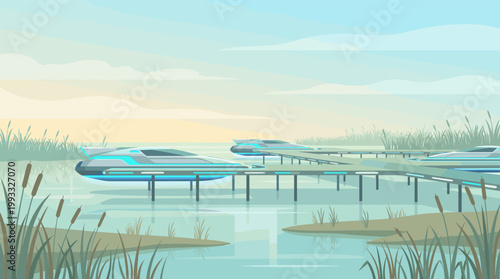 Modern vector art showing sleek, autonomous vehicles traversing elevated tracks over a tranquil marsh. Ideal for technology, environment, or future transportation concepts.