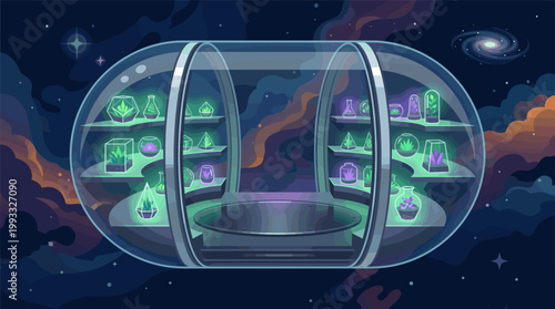 Futuristic botanical capsule with glowing terrariums on shelves, set against a vibrant cosmic galaxy background. Ideal for science, fantasy, and nature themes.