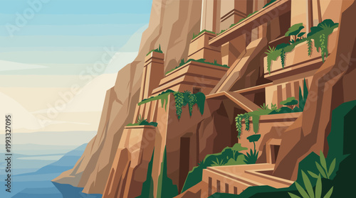 Vector illustration: ancient city built into a majestic cliff overlooking ocean. Ideal for travel, fantasy, history, or game design projects. Digital art.