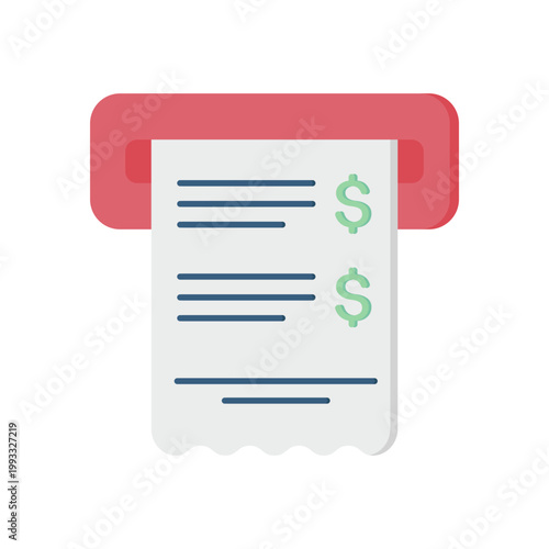 Receipt printing from payment terminal with dollar icons, itemized lines, red header and crisp paper outline flat style conveys