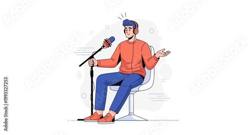 Man Podcasting with Microphone and Headphones, Studio Recording Session